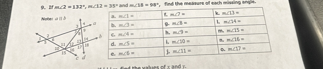 If m∠ 2=132°,m∠ 12=35° and m∠ 18=98° , find the measure of each missing angle.
find the values of x and v.