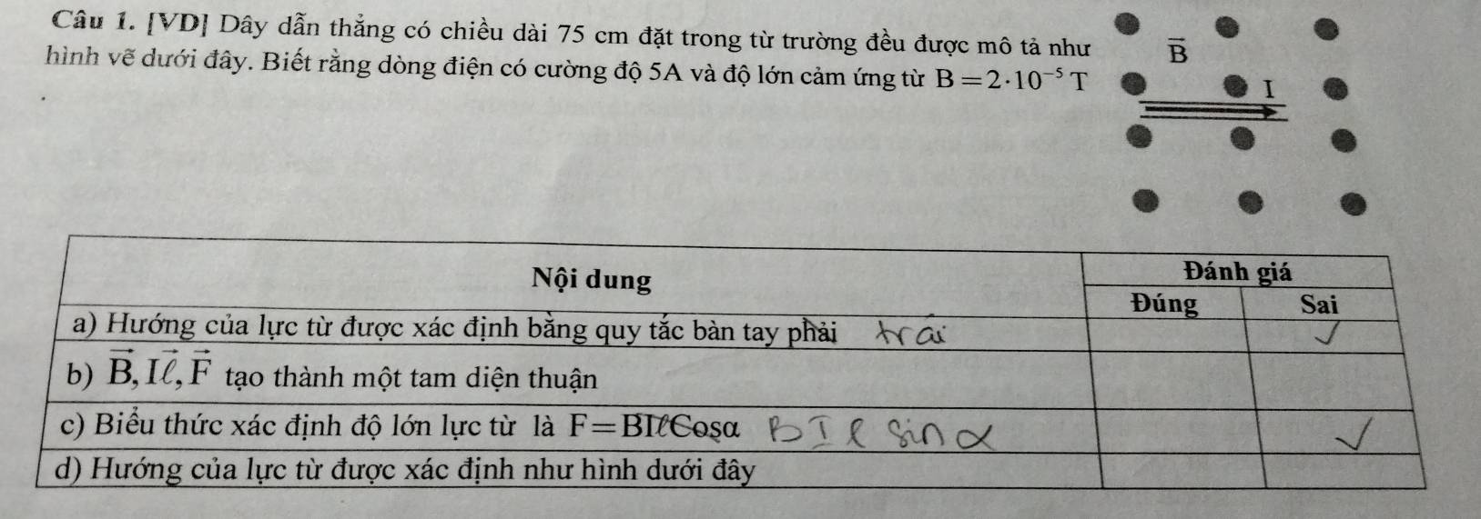 [VD] Dây dẫn thẳng có chiều dài 75 cm đặt trong từ trường đều được mô tả như vector B
hình vẽ dưới đây. Biết rằng dòng điện có cường độ 5A và độ lớn cảm ứng từ B=2· 10^(-5)T I