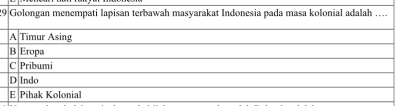 Golongan menempati lapisan terbawah masyarakat Indonesia pada masa kolonial adalah ….
A Timur Asing
B Eropa
C Pribumi
D Indo
E Pihak Kolonial