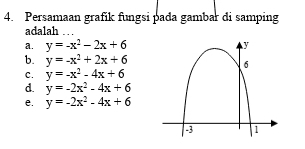 Persamaan grafik fungsi pada gambar di samping
adalah . .
a. y=-x^2-2x+6
b. y=-x^2+2x+6
C. y=-x^2-4x+6
d. y=-2x^2-4x+6
e. y=-2x^2-4x+6