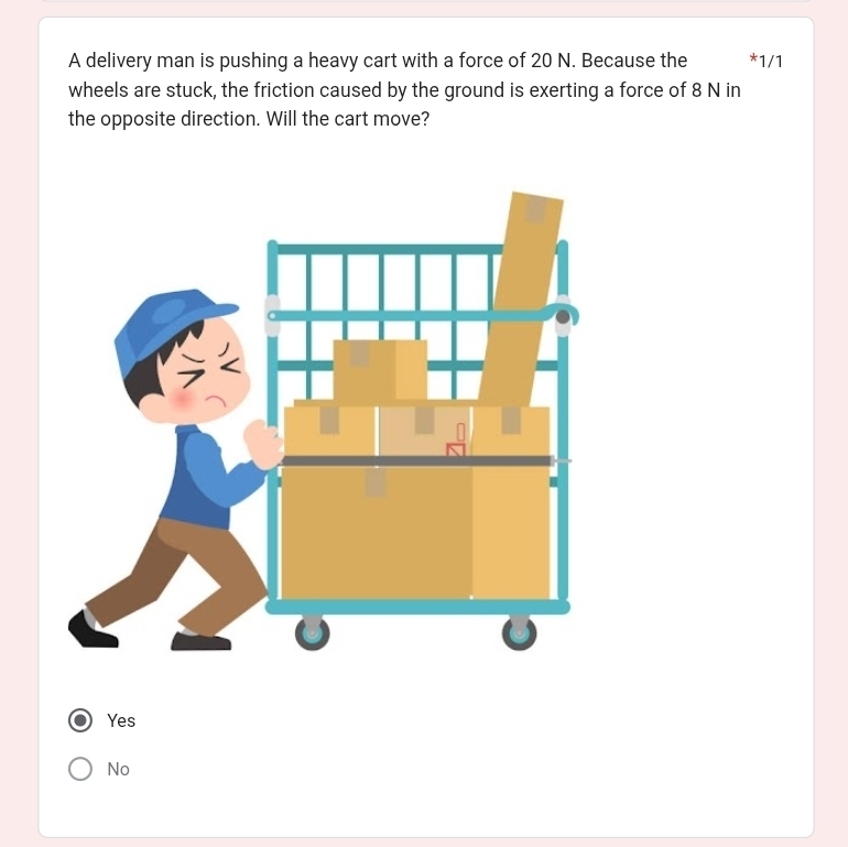 A delivery man is pushing a heavy cart with a force of 20 N. Because the * 1/1
wheels are stuck, the friction caused by the ground is exerting a force of 8 N in
the opposite direction. Will the cart move?
Yes
No