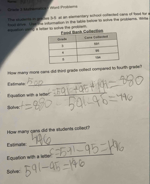 Name. 
Grade 3 Mathematics • Word Problems 
The students in grades 3-5 at an elementary school collected cans of food for a 
food drive. Use the information in the table below to solve the problems. Write 
equation using a letter to solve the problem. 
How many more cans did third grade collect compared to fourth grade? 
Estimate: 
_ 
Equation with a letter: 
_ 
Solve: 
How many cans did the students collect? 
Estimate: 
_ 
Equation with a letter: 
_ 
Solve: