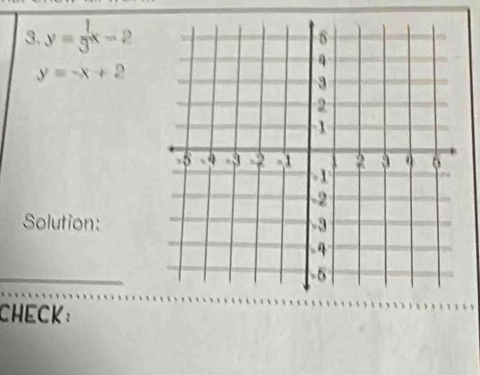 y= 1/3 x-2
y=-x+2
Solution:
_
_
CHECK：