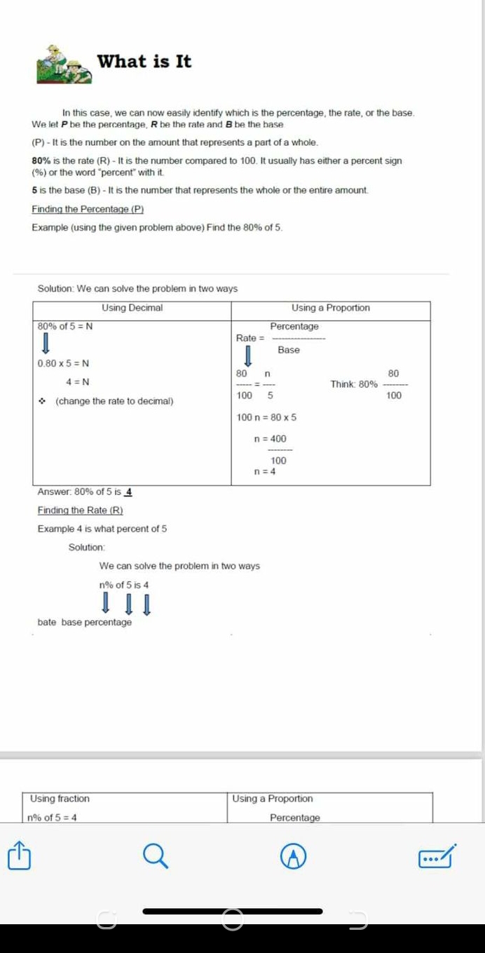 What is It
In this case, we can now easily identify which is the percentage, the rate, or the base.
We let P be the percentage, R be the rate and B be the base
(P) - It is the number on the amount that represents a part of a whole.
80% is the rate (R) - It is the number compared to 100. It usually has either a percent sign
(%) or the word “percent” with it.
5 is the base (B) - It is the number that represents the whole or the entire amount.
Finding the Percentage (P)
Example (using the given problem above) Find the 80% of 5.
Solution: We can solve the problem in two ways
Finding the Rate (R)
Example 4 is what percent of 5
Solution:
We can solve the problem in two ways
n% of 5 is 4
bate base percentage
Using fraction Using a Proportion
n% of 5=4 Percentage
..