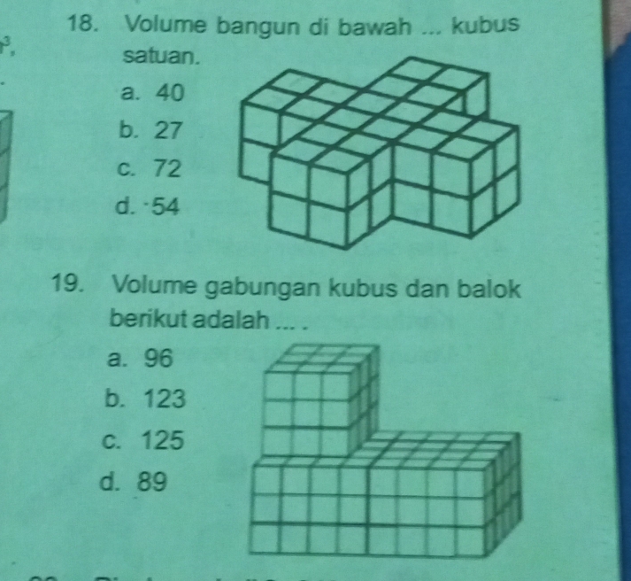 Volume bangun di bawah ... kubus
satuan.
a. 40
b. 27
c. 72
d. 54
19. Volume gabungan kubus dan balok
berikut adalah ... .
a. 96
b. 123
c. 125
d. 89