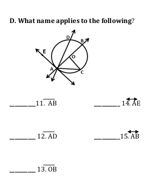 What name applies to the following? 
_
11overline .AB
_ 
14. AE
_ 12overline .AD
_ 15.overleftrightarrow AB
_
13.overline OB