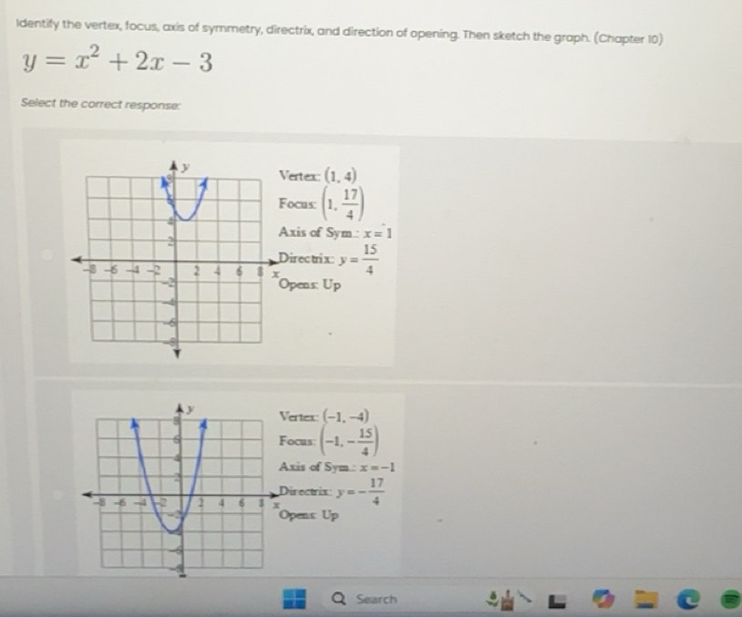 Solved: Identify the vertex, focus, axis of symmetry, directrix, and ...