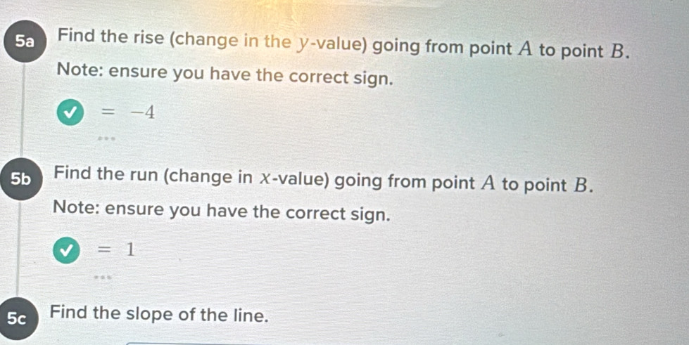 5a Find the rise (change in the y -value) going from point A to point B. 
Note: ensure you have the correct sign.
=-4
5b Find the run (change in x -value) going from point A to point B. 
Note: ensure you have the correct sign.
=1
5c Find the slope of the line.