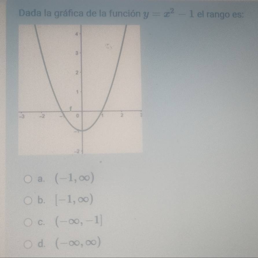 Dada la gráfica de la función y=x^2-1 el rango es:
a. (-1,∈fty )
b. [-1,∈fty )
C. (-∈fty ,-1]
d. (-∈fty ,∈fty )