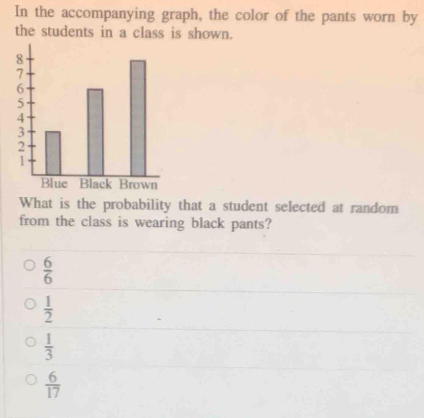 In the accompanying graph, the color of the pants worn by
the students in a class is shown.
What is the probability that a student selected at random
from the class is wearing black pants?
 6/6 
 1/2 
 1/3 
 6/17 