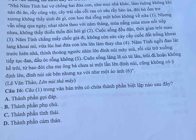 Nhà Năm Tính hai vợ chồng hai đứa con, như mọi nhà khác, làm ruộng không khi
nào đủ ăn, rẫy cũng vậy, cây trái cằn cỗi rau cỏ sâu rầy héo úa, đôi bò ốm trơ
xương không thấy sinh đẻ gì, con heo thả rỗng một hôm không về nữa (1). Nhưng
vẫn sống qua ngày, nhạt nhòa theo với năm tháng, mùa nắng mùa mưa nối tiếp
nhau, không thấy thiếu thốn đòi hỏi gì (2). Cuộc sống đều đặn, thời gian trôi mau
(3). Năm Tính chẳng mấy chốc già đi, không còn sức cày cấy cuốc đất trồng khoai
lang khoai mì, vừa lúc hai đứa con lớn lên làm thay cha (4). Năm Tính ngồi đan lát
trước hiên nhà, thinh thoảng ngước nhìn lên đỉnh núi mây mù, rồi cúi trở xuống
tiếp tục đan, đầu óc rỗng không (5). Cuộc sống lặng lẽ có từ lâu, trôi đi hoặc không
hề trôi, từ bao đời cha mẹ ông bà chưa ai một lần lên đinh núi, cũng không có ý
định lên, đỉnh núi sát bên nhưng xa vời như một ảo ảnh (6)".
(Lê Văn Thảo, Lên núi thả mây)
Câu 16: Câu (1) trong văn bản trên có chứa thành phần biệt lập nào sau đây?
A. Thành phần gọi đáp.
B. Thành phần phụ chú.
C. Thành phần tình thái.
D. Thành phần cảm thán.