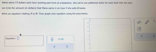 Maria earns 13 dollars each hour working part-time at a bookstore. She earns one additional dollar for each book that she sells. 
Let A be the amount (in dollars) that Maria earns in an hour if she sells B books. 
Write an equation relating A to B. Then graph your equation using the axes below. 
× 5
 □ /□   □ =□
Equation: □ 
× 5