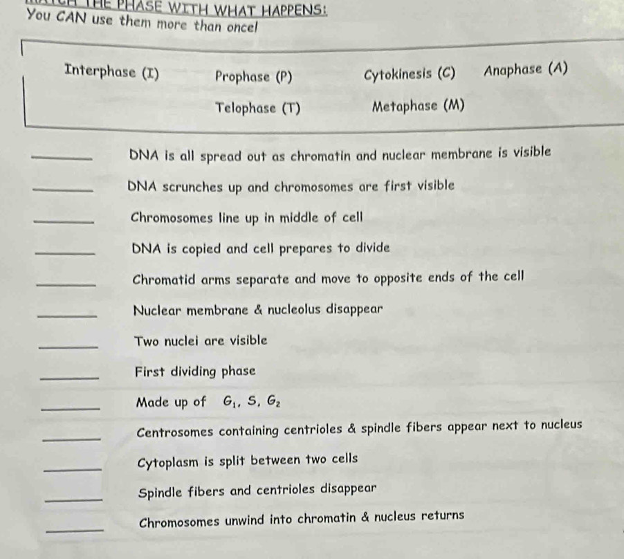 THE PHASE WITH WHAT HAPPENS: 
You CAN use them more than once! 
Interphase (I) Prophase (P) Cytokinesis (C) Anaphase (A) 
Telophase (T) Metaphase (M) 
_DNA is all spread out as chromatin and nuclear membrane is visible 
_DNA scrunches up and chromosomes are first visible 
_Chromosomes line up in middle of cell 
_DNA is copied and cell prepares to divide 
_Chromatid arms separate and move to opposite ends of the cell 
_Nuclear membrane & nucleolus disappear 
_Two nuclei are visible 
_First dividing phase 
_Made up of G_1, S, G_2
_Centrosomes containing centrioles & spindle fibers appear next to nucleus 
_Cytoplasm is split between two cells 
_Spindle fibers and centrioles disappear 
_ 
Chromosomes unwind into chromatin & nucleus returns