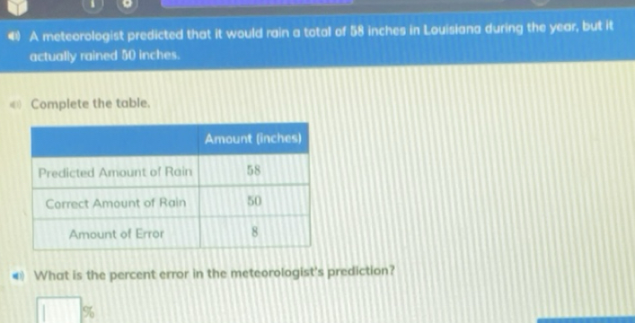 Solved: 、 4 A meteorologist predicted that it would rain a total of 58 ...