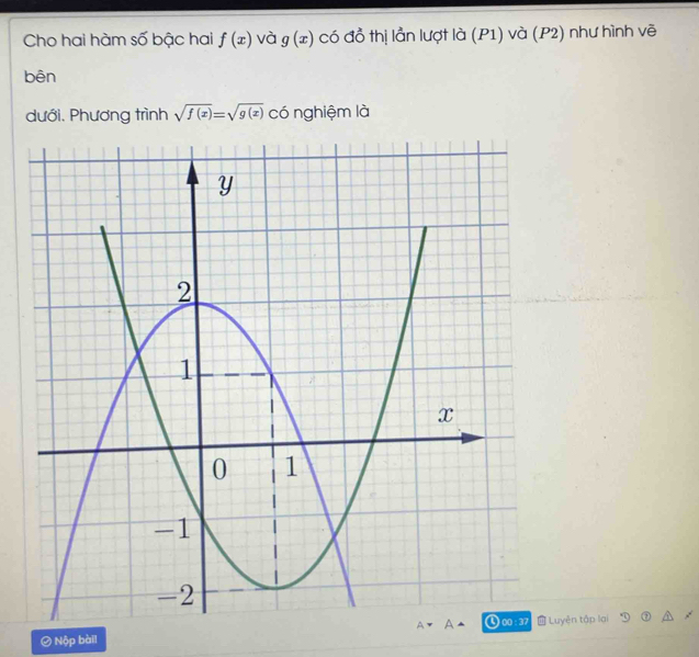 Cho hai hàm số bậc hai f(x) và g(x) có đồ thị lần lượt là (P1) và (P2) như hình vẽ 
bên 
dưới. Phương trình sqrt(f(x))=sqrt(g(x)) có nghiệm là 
Nộp bàil yên tập lai