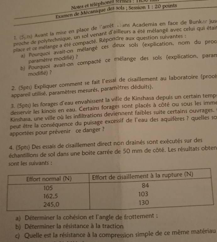 Notes et téléphones fermes : 1he0 
Examen de Mécanique des sols ; Session 1:20 points 
1. (5,ts) Avant la mise en place de l'arrêt mans Academia en face de Bunker jus 
proche de polytechnique, un sol venant d'ailleurs a été mélangé avec celui qui étai 
place et ce mélange a été compacté. Répondre aux question suivantes : 
a) Pourquoi avait-on mélangé ces deux sols (explication, nom du prod 
paramètre modifié) ? 
b) Pourquoi avait-on compacté ce mélange des sols (explication, paran 
modifié) ? 
2. (5pts) Expliquer comment se fait l'essai de cisaillement au laboratoire (procé 
appareil utilisé, paramètres mesurés, paramètres déduits). 
3. (5pts) les forages d'eau envahissent la ville de Kinshasa depuis un certain temp 
desservir les kinois en eau. Certains forages sont placés à côté ou sous les imme 
Kinshasa, une ville où les infiltrations deviennent faibles suite certains ouvrages. 
peut être la conséquence du puisage excessif de l'eau des aquifères ? quelles so 
apportées pour prévenir ce danger ? 
4. (5pts) Des essais de cisaillement direct non drainés sont exécutés sur des 
échantillons de sol dans une boite carrée de 50 mm de côté. Les résultats obten 
sont les suivants : 
a) Déterminer la cohésion et l'angle de frottement : 
b) Déterminer la résistance à la traction 
c) Quelle est la résistance à la compression simple de ce même matériau