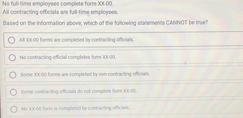 Solved: No full-time employees complete form XX-00. All contracting ...