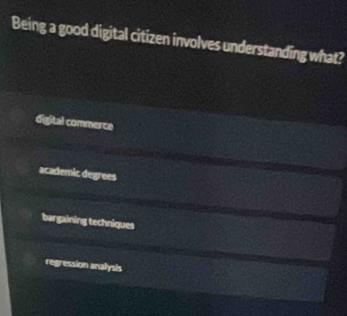 Being a good digital citizen involves understanding what?
digital commerce
academic degrees
bargaining techniques
regression analysis
