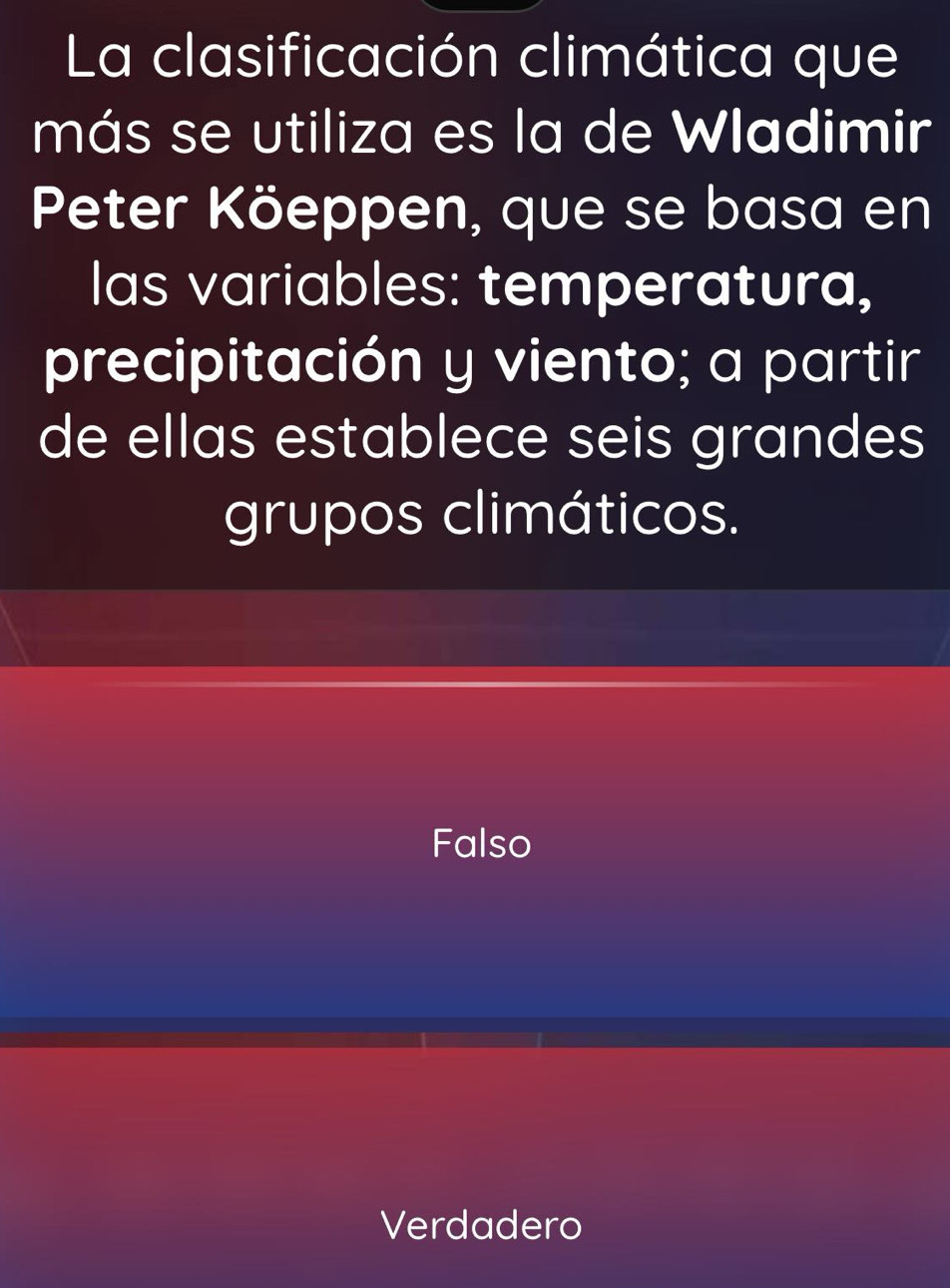 La clasificación climática que
más se utiliza es la de Wladimir
Peter Köeppen, que se basa en
las variables: temperatura,
precipitación y viento; a partir
de ellas establece seis grandes
grupos climáticos.
Falso
Verdadero