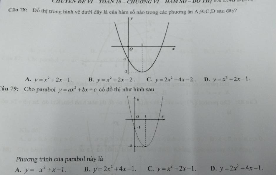 CHUYEN ĐE VI - TOAN 10 - ChUơNG VI - HAM SO - Đổ THị Và UN
Câu 78: Đồ thị trong hình vẽ dưới đây là của hàm số nào trong các phương án A; B; C;D sau đây?
A. y=x^2+2x-1. B. y=x^2+2x-2. C. y=2x^2-4x-2. D. y=x^2-2x-1. 
Tâu 79:Cho parabol y=ax^2+bx+c có đồ thị như hình sau
Phương trình của parabol này là
A. y=-x^2+x-1. B. y=2x^2+4x-1. C. y=x^2-2x-1. D. y=2x^2-4x-1.