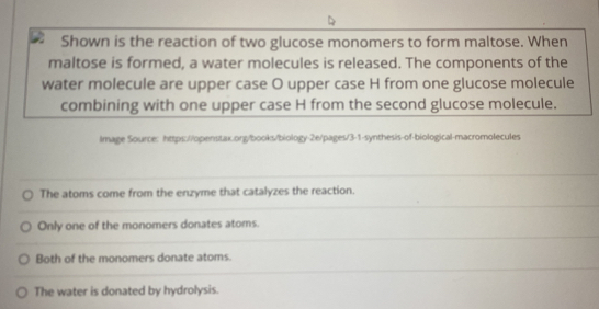 Shown is the reaction of two glucose monomers to form maltose. When
maltose is formed, a water molecules is released. The components of the
water molecule are upper case O upper case H from one glucose molecule
combining with one upper case H from the second glucose molecule.
lmage Source: https://openstax.org/books/biology-2e/pages/3-1-synthesis-of-biological-macromolecules
The atoms come from the enzyme that catalyzes the reaction.
Only one of the monomers donates atoms.
Both of the monomers donate atoms.
The water is donated by hydrolysis.