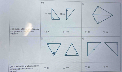 24 km
Se puede utili
congruencia hi usa Si No No
Se puede utilizar el criterio de
congruencia hipotenusa- S/ No Sí No