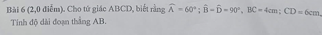 (2,0 điểm). Cho tứ giác ABCD, biết rằng widehat A=60°; widehat B=widehat D=90°, BC=4cm; CD=6cm, 
Tính độ dài đoạn thẳng AB.