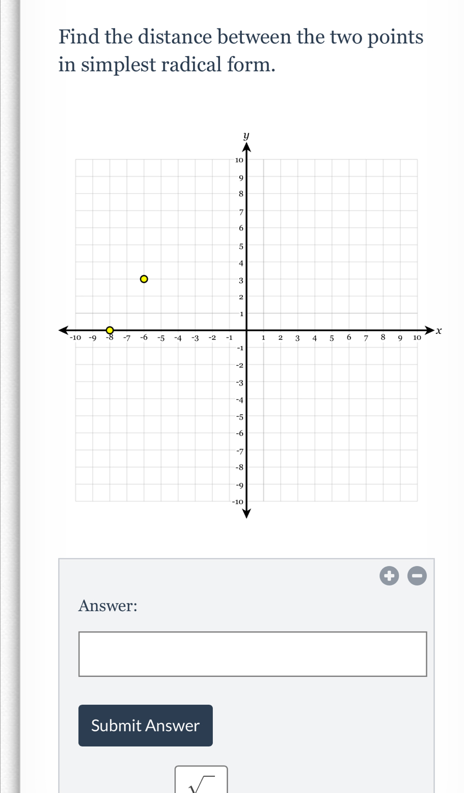 Find the distance between the two points 
in simplest radical form. 
Answer: 
Submit Answer