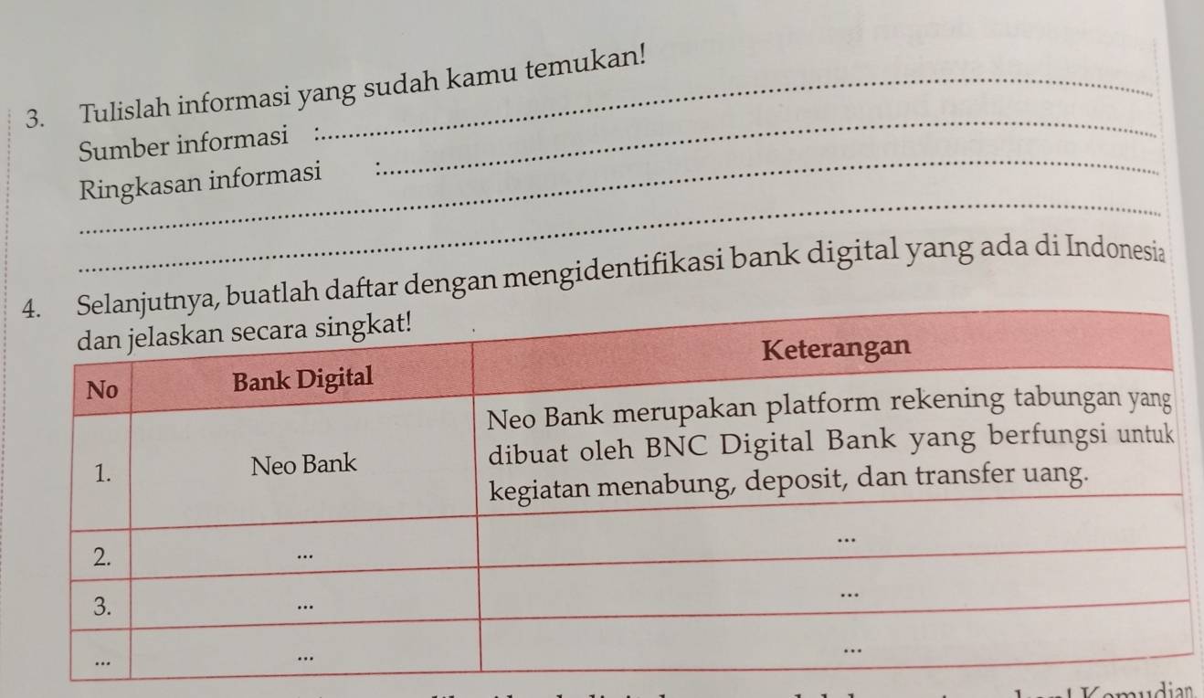 Tulislah informasi yang sudah kamu temukan! 
_ 
Sumber informasi :. 
_ 
Ringkasan informasi 
_ 
ah daftar dengan mengidentifikasi bank digital yang ada di Indonesia 
amudian