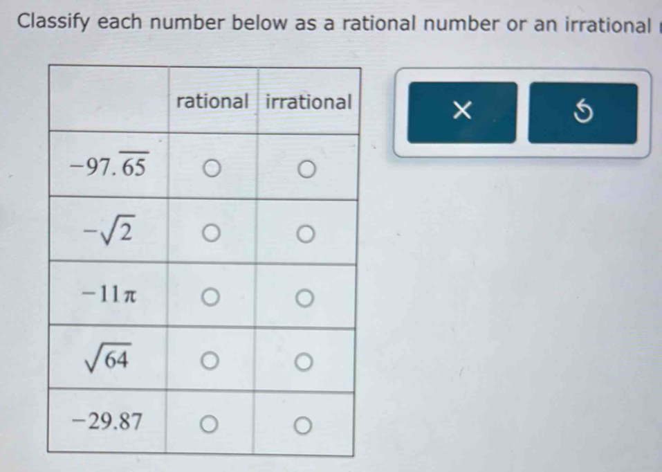 Classify each number below as a rational number or an irrational
×