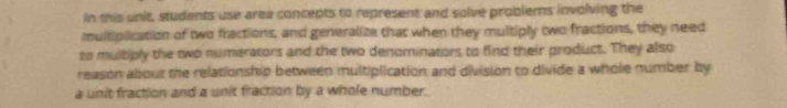 In this unit, students use area concepts to represent and solve problems involving the 
multiplication of two fractions, and generalize that when they multiply two fractions, they need 
to multiply the two numerators and the two denominators to find their product. They also 
reason about the relationship between multiplication and division to divide a whole number by 
a unit fraction and a unit fraction by a whole number.