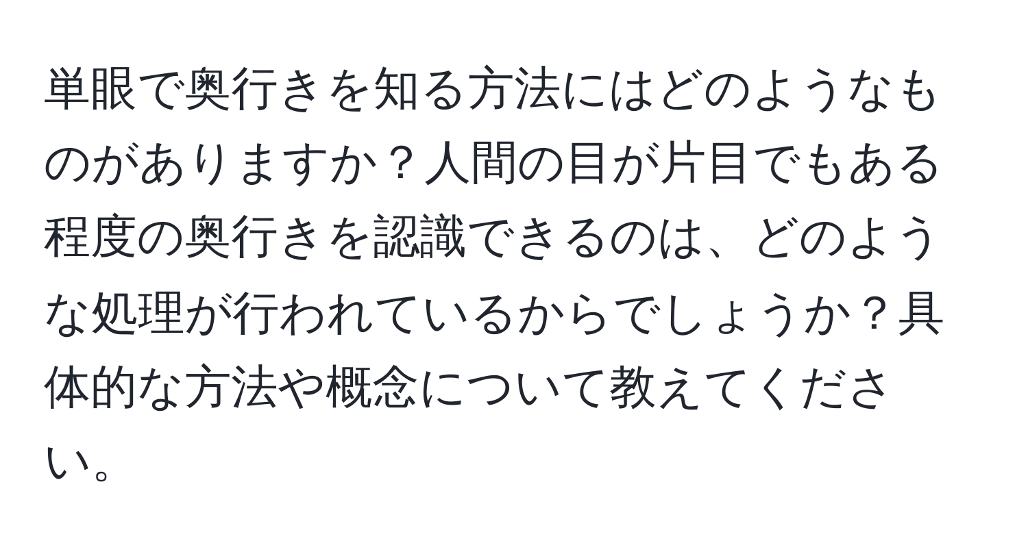 単眼で奥行きを知る方法にはどのようなものがありますか？人間の目が片目でもある程度の奥行きを認識できるのは、どのような処理が行われているからでしょうか？具体的な方法や概念について教えてください。