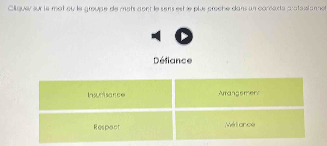 Cliquer sur le mot ou le groupe de mots dont le sens est le plus proche dans un contexte professionnel
Défiance
Insuffisance Arrangement
Respect Méfiance