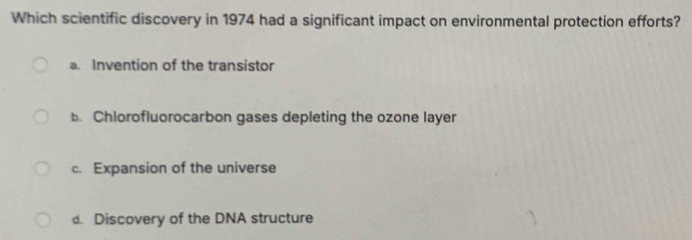 Which scientific discovery in 1974 had a significant impact on environmental protection efforts?
a. Invention of the transistor
b. Chlorofluorocarbon gases depleting the ozone layer
c. Expansion of the universe
d. Discovery of the DNA structure