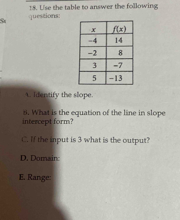 Use the table to answer the following
St questions:
A. Identify the slope.
B. What is the equation of the line in slope
intercept form?
C. If the input is 3 what is the output?
D. Domain:
E. Range: