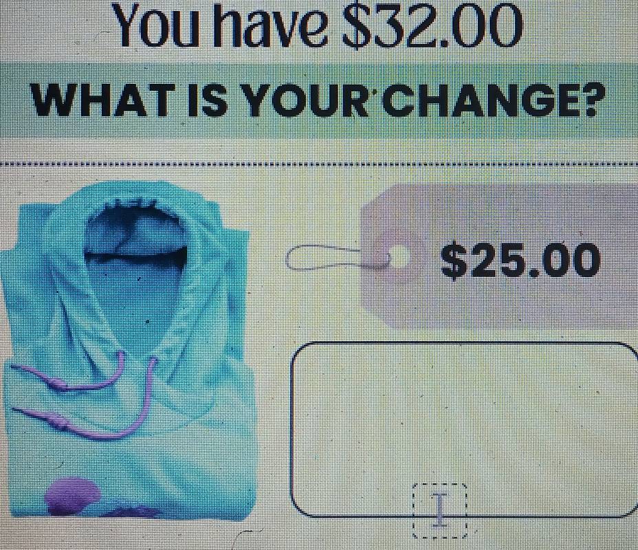 You have $32.00
WHAT IS YOUR CHANGE?
$25.00