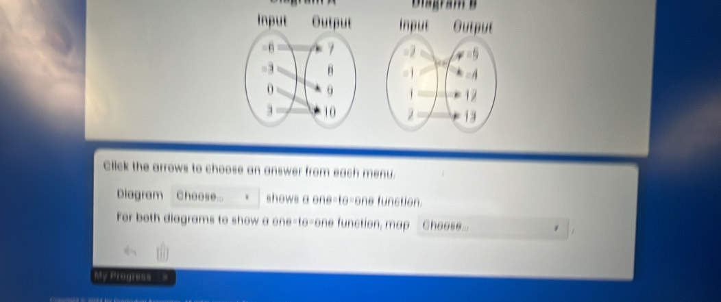 Dagram e 

Click the arrows to choose an answer from each menu. 
Diagram Choose... shows a one-to-one function. 
For both diagrams to show a one-to-one function, map Choose... 
My Progress