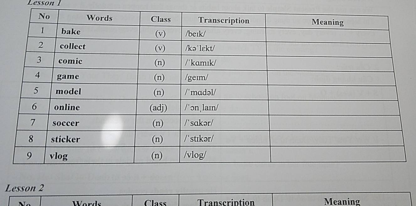 Lesson 1 
Lesson 2 
Words Class Transcription Meaning