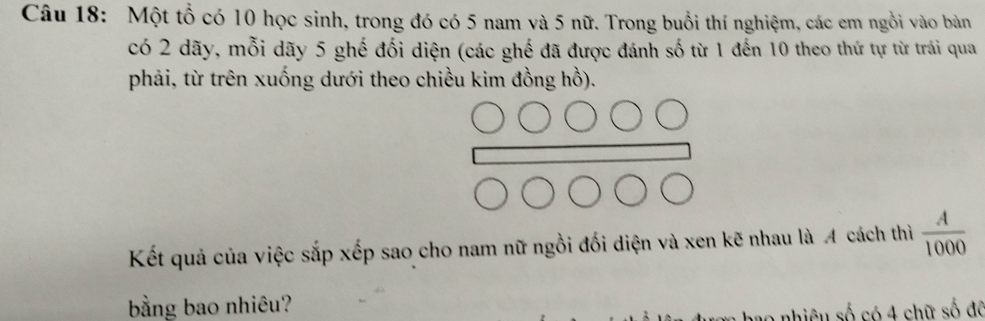 Một tổ có 10 học sinh, trong đó có 5 nam và 5 nữ. Trong buổi thí nghiệm, các em ngồi vào bản 
có 2 dãy, mỗi dãy 5 ghế đối diện (các ghế đã được đánh số từ 1 đến 10 theo thứ tự từ trái qua 
phải, từ trên xuống dưới theo chiều kim đồng hồ). 
Kết quả của việc sắp xếp sao cho nam nữ ngồi đối diện và xen kẽ nhau là A cách thì  A/1000 
bằng bao nhiêu?
10 nhiêu số có 4 chữ số đã