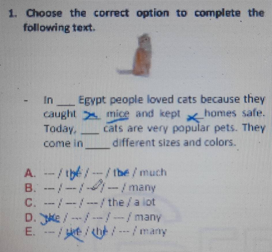 Choose the correct option to complete the
following text.
In _Egypt people loved cats because they
caught _''' mice and kept wall homes safe.
Today, _cats are very popular pets. They
come in_ different sizes and colors.
A. ..... frac  Thể f-f the / much
B. -1-(-4)-1 10011
n overline E 1 Ty
C. --j - ·s  the / a lot
D. hie surd -surd -j-j-surd many
E. j t th frac x^(frac 3)2=-frac x^(frac 2)2 many