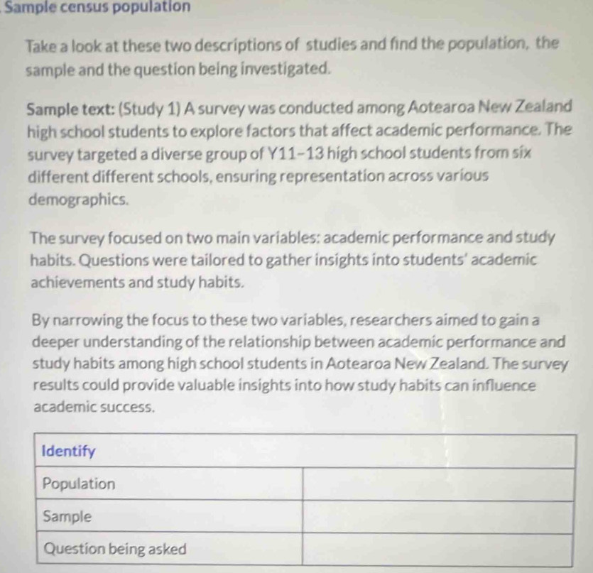 Sample census population 
Take a look at these two descriptions of studies and find the population, the 
sample and the question being investigated. 
Sample text: (Study 1) A survey was conducted among Aotearoa New Zealand 
high school students to explore factors that affect academic performance. The 
survey targeted a diverse group of Y11-13 high school students from six 
different different schools, ensuring representation across various 
demographics. 
The survey focused on two main variables: academic performance and study 
habits. Questions were tailored to gather insights into students' academic 
achievements and study habits. 
By narrowing the focus to these two variables, researchers aimed to gain a 
deeper understanding of the relationship between academic performance and 
study habits among high school students in Aotearoa New Zealand. The survey 
results could provide valuable insights into how study habits can influence 
academic success.