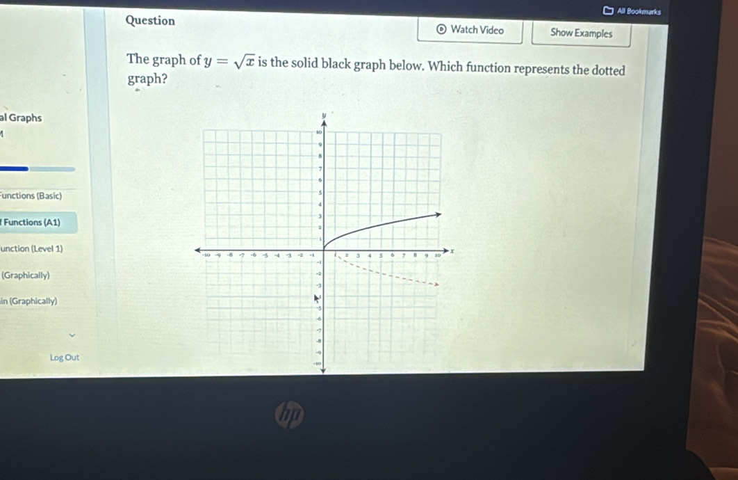 All Bookmarks 
Question Watch Video Show Examples 
The graph of y=sqrt(x) is the solid black graph below. Which function represents the dotted 
graph? 
al Graphs 
Functions (Basic) 
f Functions (A1) 
unction (Level 1) 
(Graphically) 
in (Graphically) 
Log Out 
bp