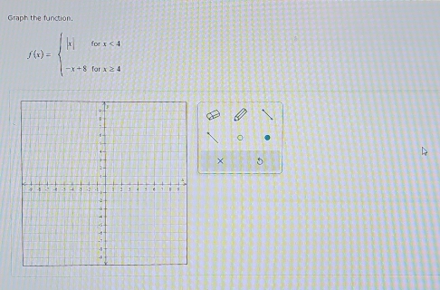 Graph the function.
f(x)=beginarrayl |x|forx<4 -x+8forx≥ 4endarray.
。 
× 5