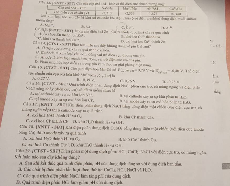[KNTT - SBT] Cho các cập oxi hoá - khử và thể điện cực chuẩn tươn
y bị khử tại cathode khi điện phân (với điện graphite) dung dịch muỗi sulfate
tương ứng?
A. Mg^(2+). B. Na°.
C. Cu^(2+). D. Al^(3+).
Cầu 13. [KNTT - SBT] Trong pin điện hoá Zn-Cu , ở anode (cực âm) xảy ra quả trình
A. oxi hoá Zn thành ion Zn^(2+). B. khử ion Cu^(2+) thành Cu.
C. khử Cu thành ion Cu^(2+) D. oxi hoá ion Zn^(2+) thành Zn. Zn
Câu 14. ICT ST - SBTJ Phát biểu nào sau đây không đúng về pin Galvani?
A. Ở điện cực dương xảy ra quá trình oxi hóa.
B. Cathode là kim loại yếu hơn, đóng vai trò điện cực dương của pin.
C. Anode là kim loại mạnh hơn, đóng vai trò điện cực âm của pin.
D. Phản ứng hóa học diễn ra trong pin kêm theo sự giải phóng điện năng. :0p
Câu 15. C1 ST - SBT] Cho pin điện hóa Mn-Cd có E_(pin)°(Mn· CJ)=0,79V và E_cd^(2+)/cd^+=-0,40V * Thể điện
cực chuẩn của cập oxi hóa khử Mn^(2+) Mn có giá trị là àng
A. 0,27 V. B. -0,39 V. C. 0,26 V. D. -0,25 V. làm
Câu 16. [CTST - SBT] Quá trình điện phân dung dịch NaCl (điện cực trơ, có màng ngăn) và điện phân
NaCl nóng chây (điện cực trơ) có điểm giống nhau là Àng
A. tại cathode xày ra sự khử ion Na*. B. tại cathode xảy ra sự khử phân tử H_2O.
C. tại anode xảy ra sự oxi hóa ion Cl. D. tại anode xảy ra sự oxi hóa phân tử H_2O.
Câu 17. [KNTT - SBT] Khi điện phân dung dịch NaCl bằng dòng điện một chiều (với điện cực trơ, có
màng ngăn xốp) thì ở cathode xảy ra quá trình
A. oxi hoá H_2O thành H^+ và O_2. B. khử Cl thành Cl_2.
C. oxi hoá Cl thành Cl_2. D. khử H_2O thành H_2 và OH .
Câu 18. [KNT T - SBT| Khi điện phân dung dịch CuSO_4 bằng dòng điện một chiều (với điện cực anode
bằng Cu) thì ở anode xảy ra quá trình
A. oxi hoá H_2O thành H^+ và O_2. B. khử Cu^(2+) thành Cu.
C. oxi hoá Cu thành Cu^(2+). D. khử H_2O thành H_2 và OH .
Câu 19. [CTST - SBT] Điện phân một dung dịch gồm: HCl, CuCl₂, NaCl với điện cực trơ, có màng ngăn.
Kết luận nào sau đây không đúng?
A. Sau khi kết thúc quá trình điện phân, pH của dung dịch tăng so với dung dịch ban đầu.
B. Các chất bị điện phân lần lượt theo thứ tự: CuCl_2 , HCl, NaCl và H_2O.
C. Các quá trình điện phân NaCl làm tăng pH của dung dịch.
D. Quá trình điện phân HCl làm giảm pH của dung dịch.