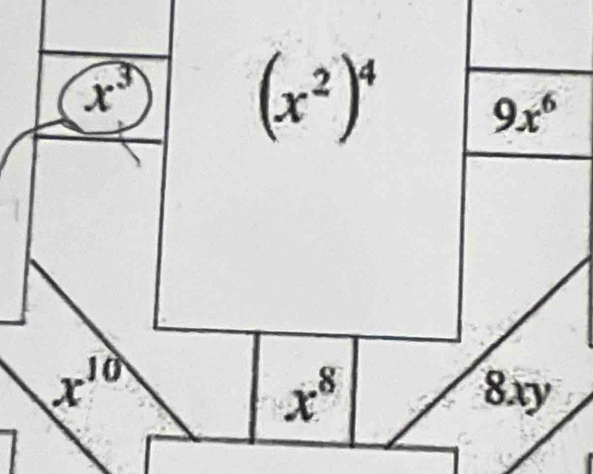 x^3
(x^2)^4 9x^6
x^(10)
x^8 8xy