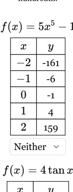 f(x)=5x^5-1
Neither
f(x)=4 ∠ an x