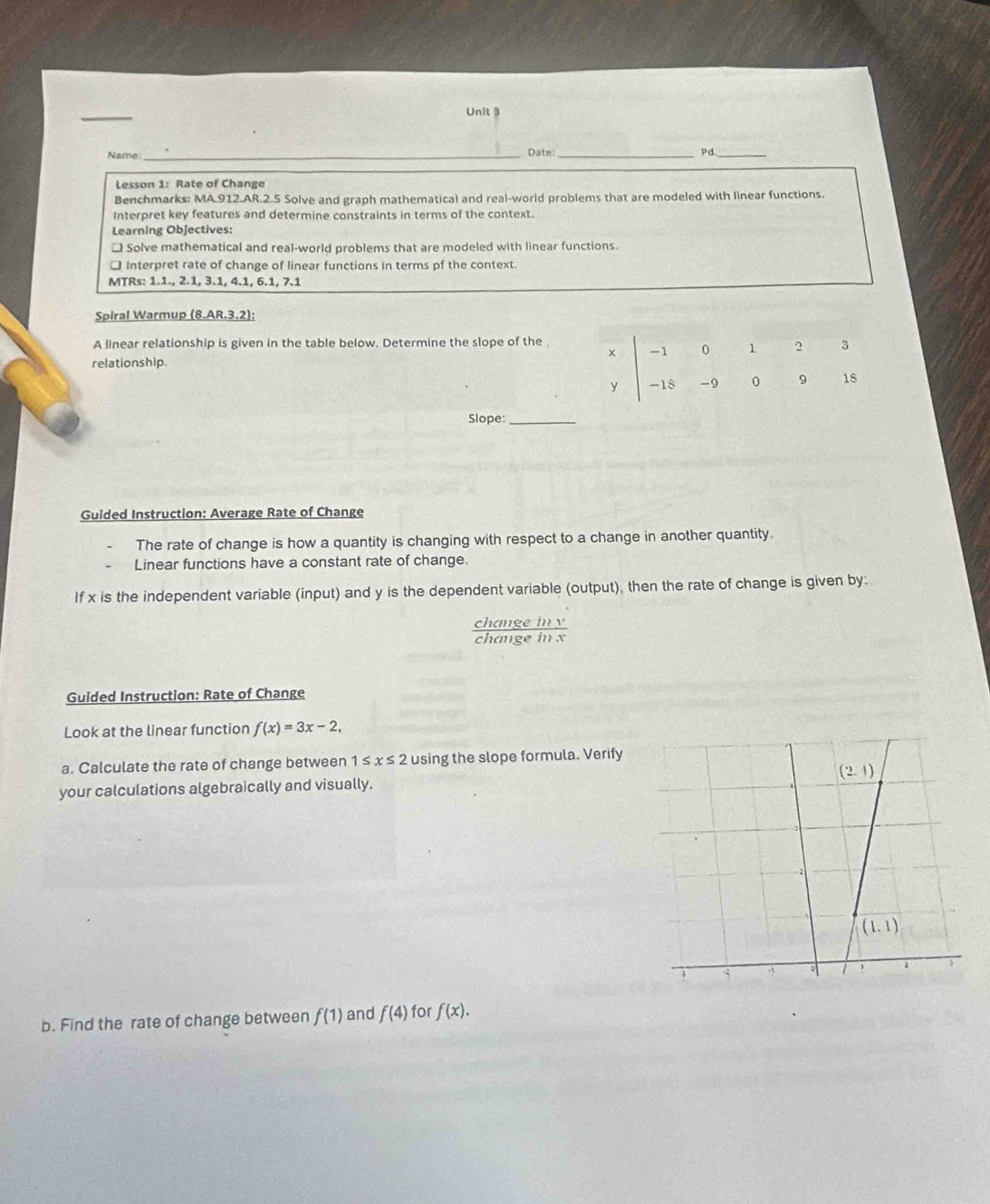 Name: 
_ 
Date:_ 
Pd_ 
Lesson 1: Rate of Change 
Benchmarks: MA.912.AR.2.5 Solve and graph mathematical and real-world problems that are modeled with linear functions. 
Interpret key features and determine constraints in terms of the context. 
Learning Objectives: 
* Solve mathematical and real-world problems that are modeled with linear functions. 
□ Interpret rate of change of linear functions in terms pf the context. 
MTRs: 1.1., 2.1, 3.1, 4.1, 6.1, 7.1
Spiral Warmup (8.AR.3.2); 
A linear relationship is given in the table below. Determine the slope of the
x - 1 0 1 3
relationship.
y -18 -9 0 9 18
Slope:_ 
Guided Instruction: Average Rate of Change 
The rate of change is how a quantity is changing with respect to a change in another quantity. 
Linear functions have a constant rate of change. 
If x is the independent variable (input) and y is the dependent variable (output), then the rate of change is given by: 
change i N 
Guided Instruction: Rate of Change 
Look at the linear function f(x)=3x-2, 
a. Calculate the rate of change between 1≤ x≤ 2 using the slope formula. Verify 
your calculations algebraically and visually. (2,4)
(1.1)
? 。 
b. Find the rate of change between f(1) and f(4) for f(x).