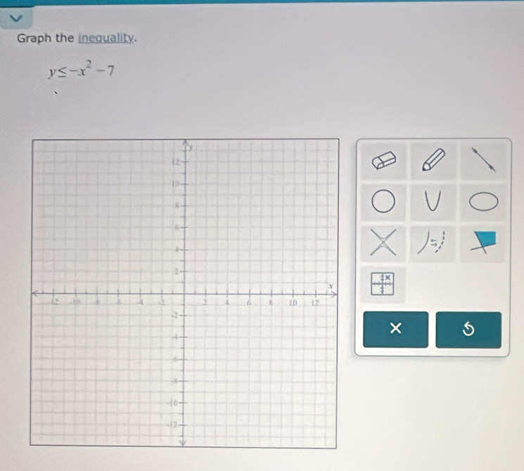 Graph the inequality.
y≤ -x^2-7
 4x/1 
× 5