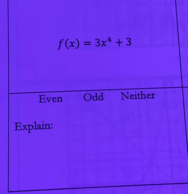 f(x)=3x^4+3
Even Odd Neither
Explain: