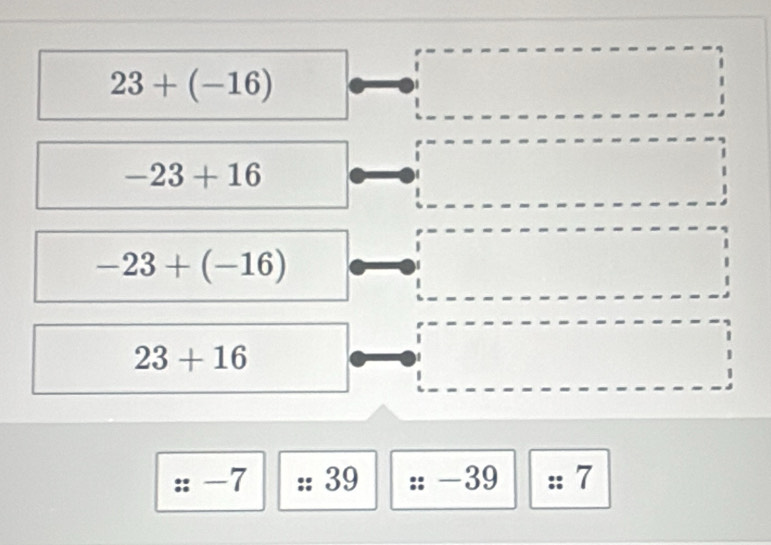 23+(-16)
-23+16
-23+(-16)
23+16
-7 39 -39 :: 7